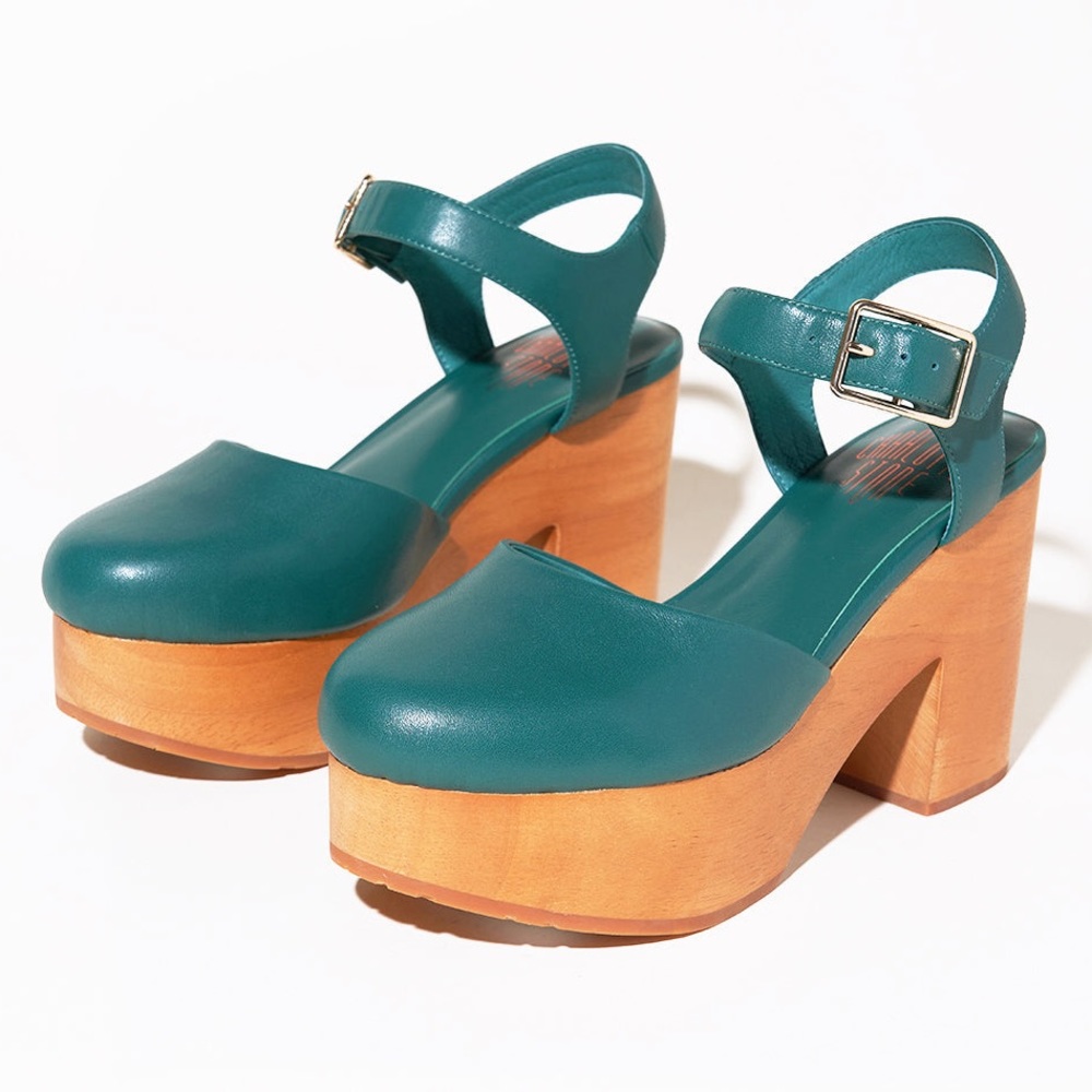 Charlotte Stone Teal Leather Platform Clog Sandals with Wood Heel